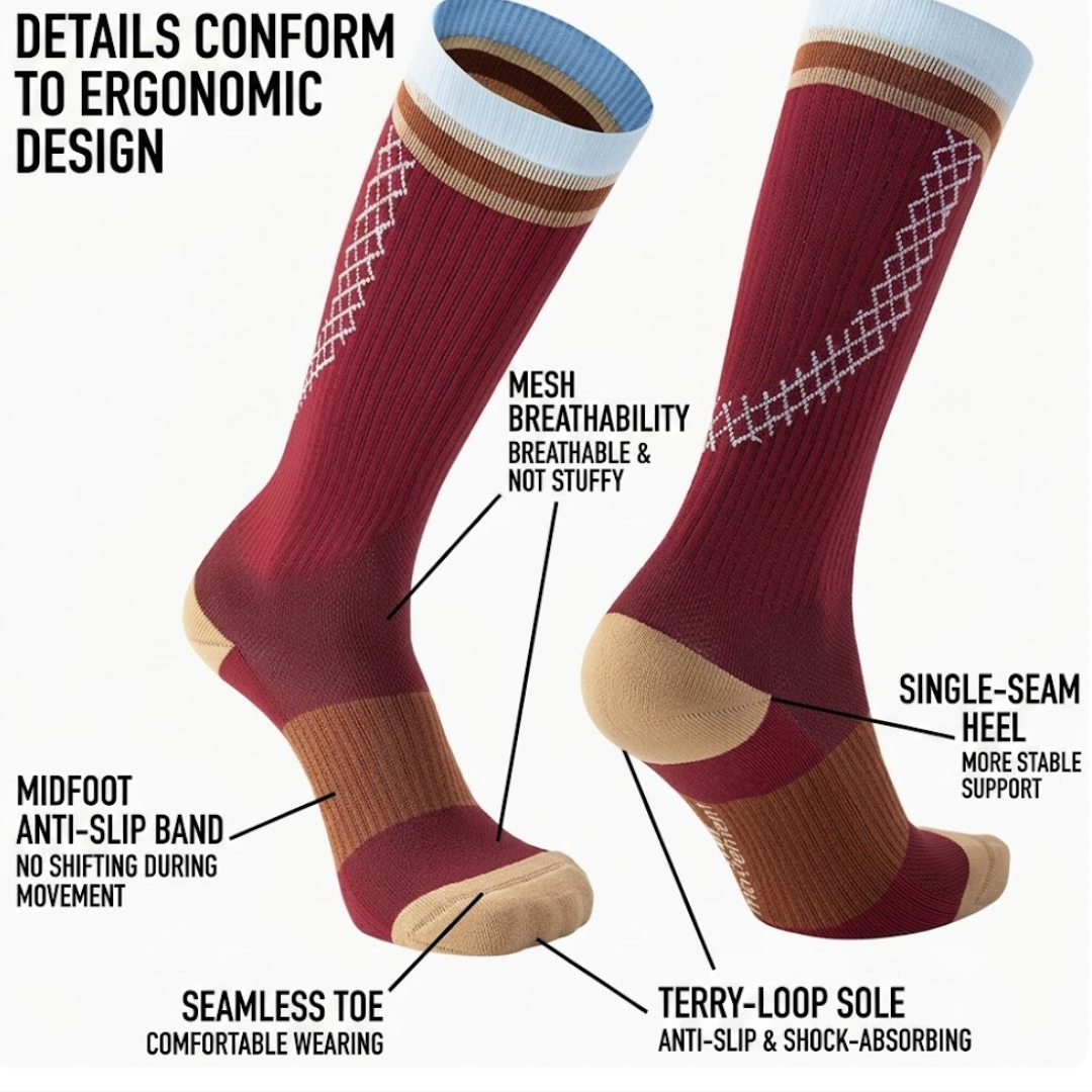 Volleyball knee high socks in burgundy athletic knit, featuring a mesh panel and seamless toe. Shown with callouts highlighting the ergonomic design.