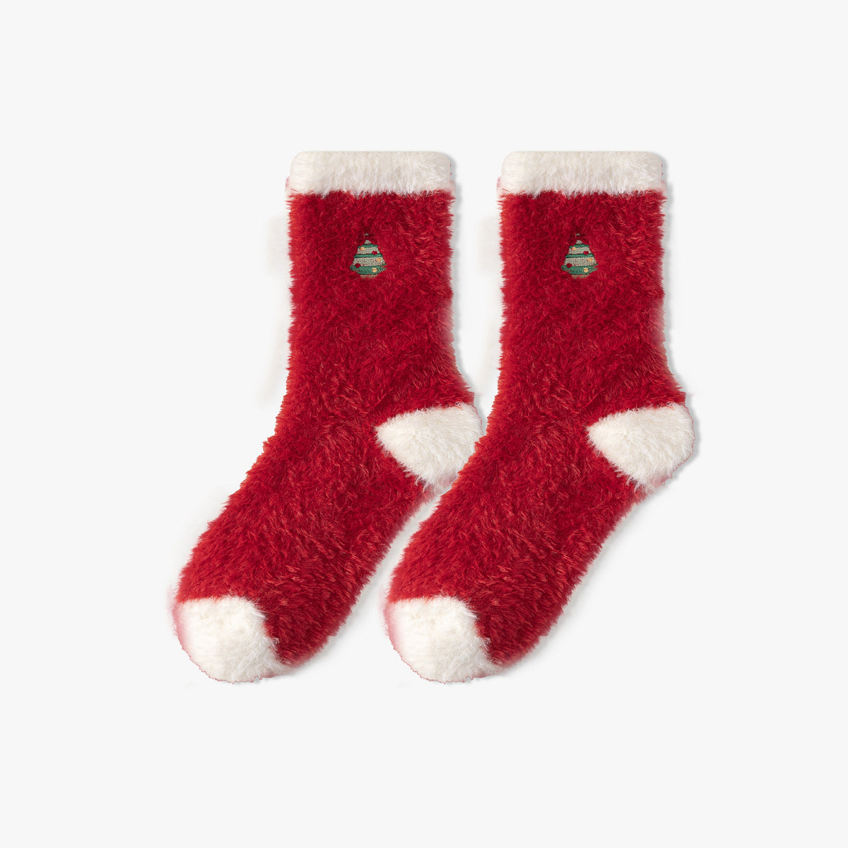 Warm Christmas socks in red plush fleece with embroidered holiday accents, shown as a flat-lay pair.