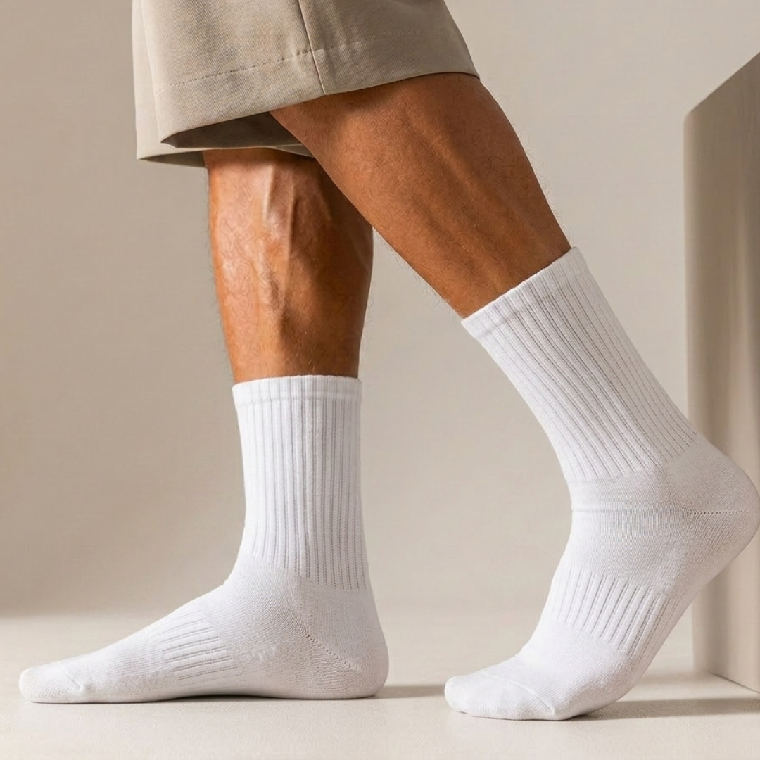 White crew socks for men in ribbed cotton, featuring a cushioned athletic knit. Worn on the feet with shorts.