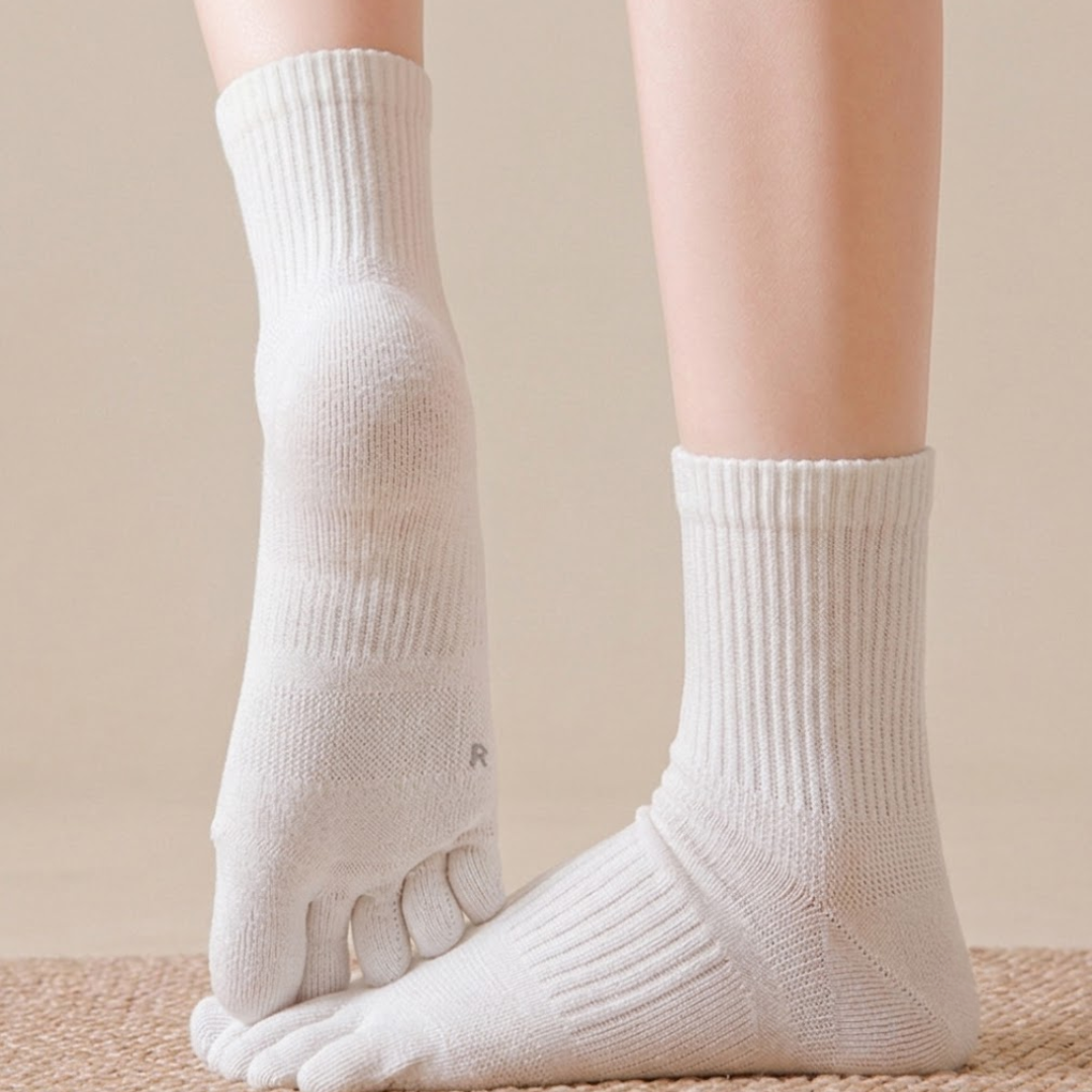 White toe socks in ribbed cotton, featuring a snug five-toe fit. Worn on the foot against a warm backdrop.