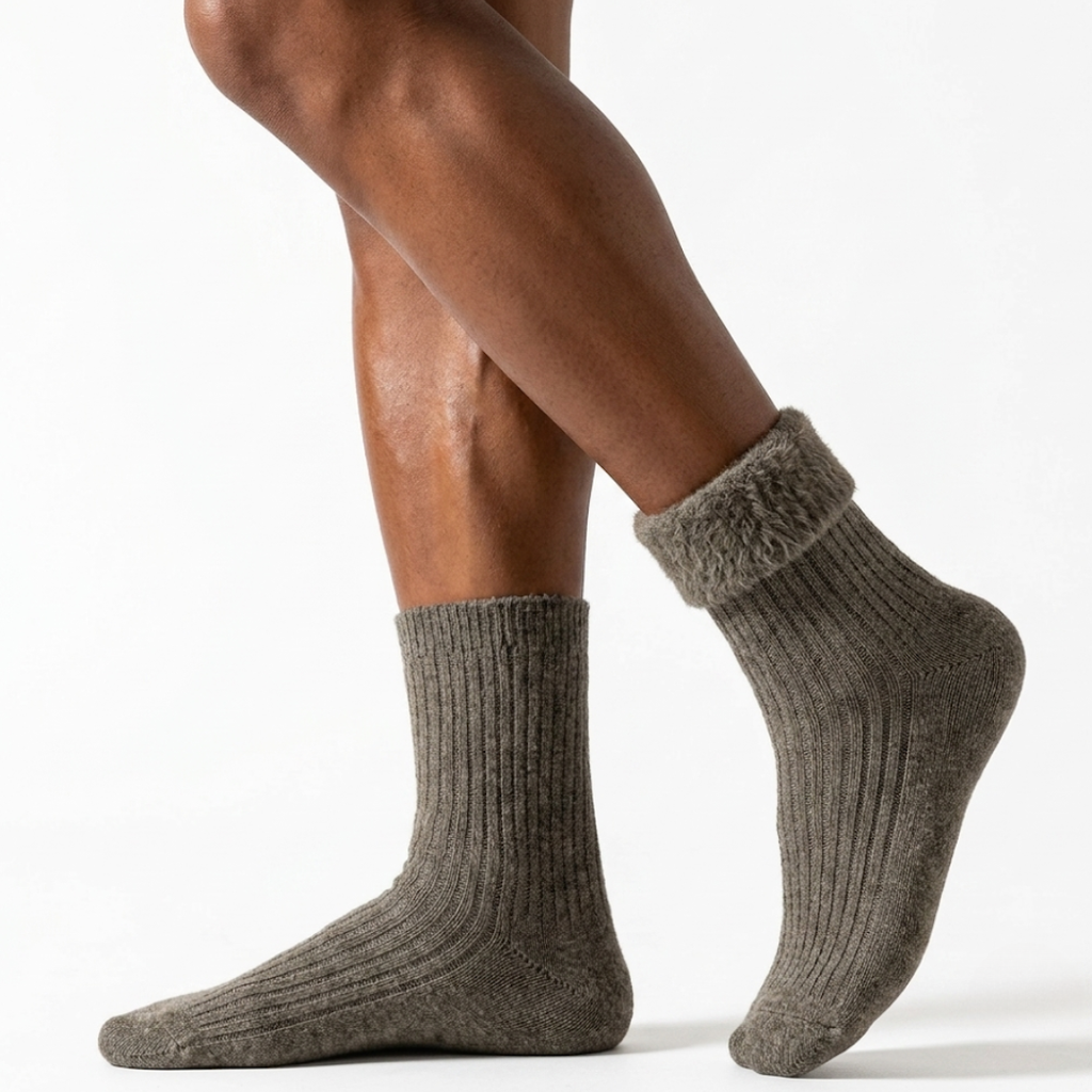 Winter socks for men in olive green ribbed knit, featuring a thick thermal weave. Worn on feet and lower legs.