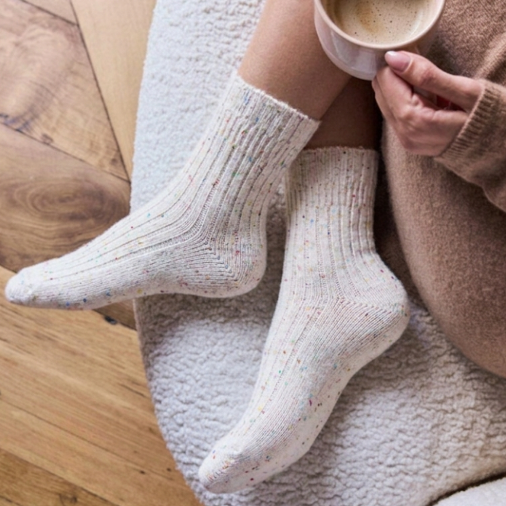 Winter socks for women in cream ribbed knit, featuring a soft speckled weave. Worn on feet while holding a warm drink.