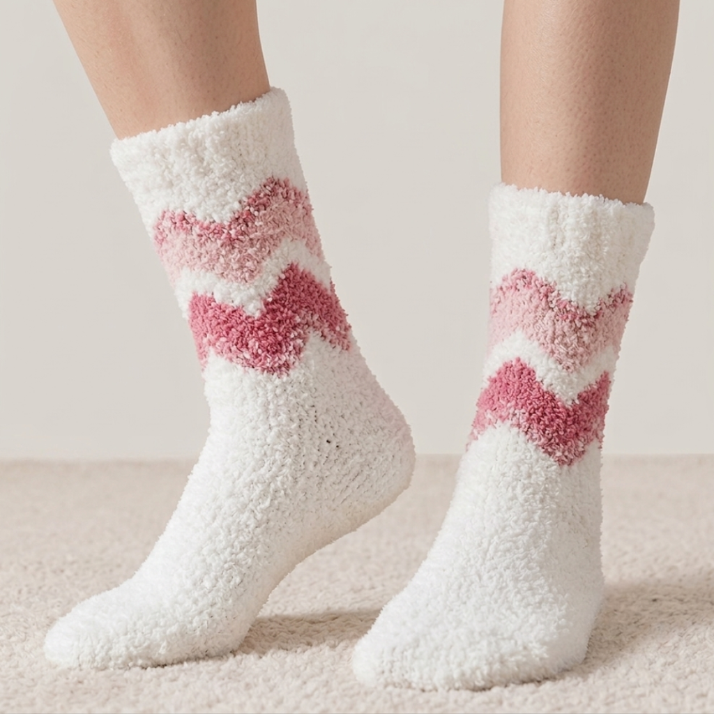 Women's fleece socks in white plush fleece with a pink chevron stripe, worn on the feet.