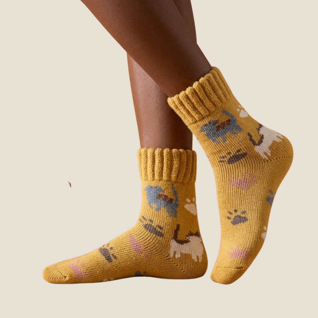 Women's thermal socks in mustard yellow with a cute animal motif, worn on the feet.