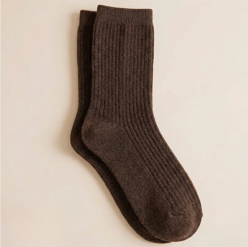 Women's boot socks in dark brown, featuring a chunky ribbed knit. Shown as a single flat-lay on a neutral backdrop.