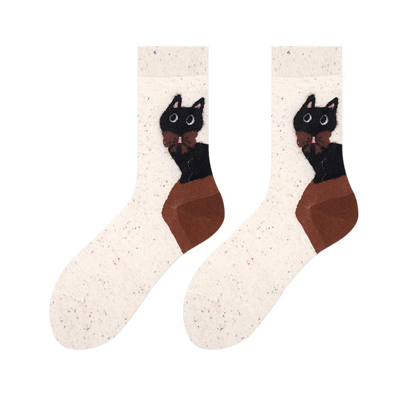 Women's cat socks in cream and coffee brown with a cartoon cat, flat-lay pair.
