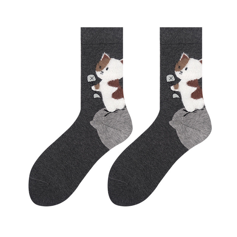Women's cat socks in dark gray with a cute cartoon cat, flat-lay pair.
