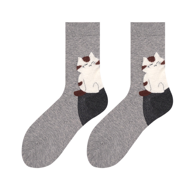Women's cat socks in light gray with a cute cartoon cat design, flat-lay pair.