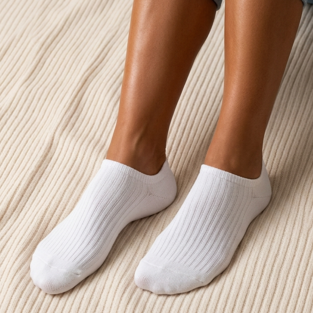 Women's cotton ankle socks in white, featuring a soft ribbed knit. Worn on feet resting on a textured rug.