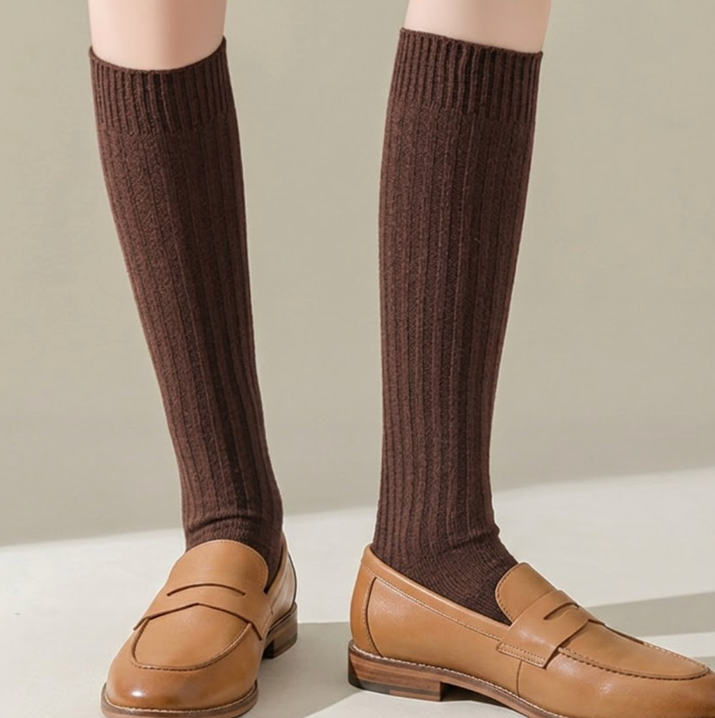 Women's high knee socks in warm brown ribbed knit, featuring a fine texture. Worn on feet with tan loafers.