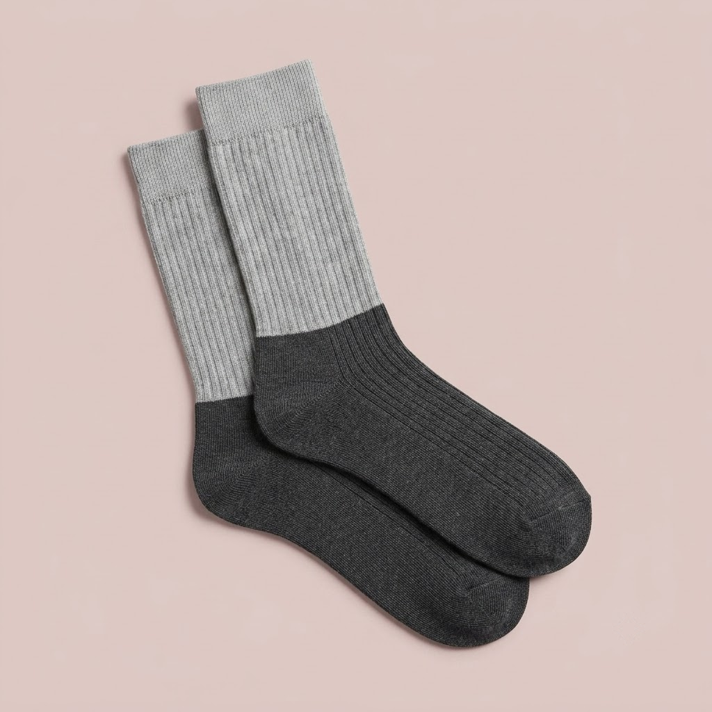 Women's merino wool dress socks in grey with a charcoal foot, featuring a color-block ribbed design. Displayed flat as a pair.