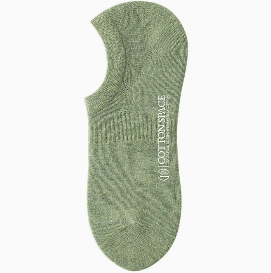 Women's no show socks in sage green, featuring a ribbed low-cut cuff. Shown as a single flat-lay on a light backdrop.
