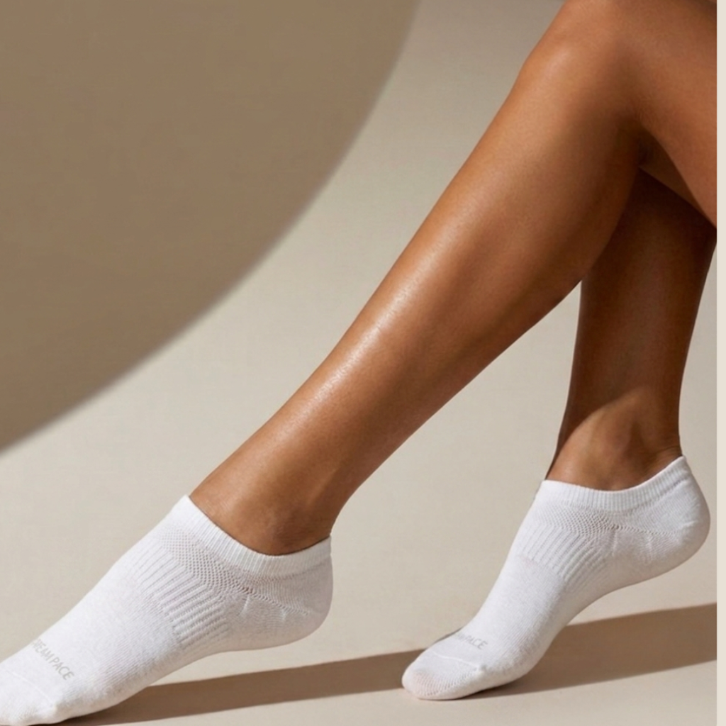 Women's no show socks in white, featuring an invisible low-cut design. Worn on feet in a bright studio setting.