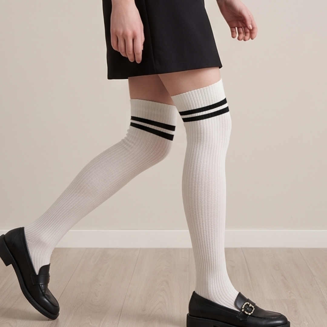 Women's over the knee socks in white with black stripe accents, featuring a varsity-style top. Worn with loafers.