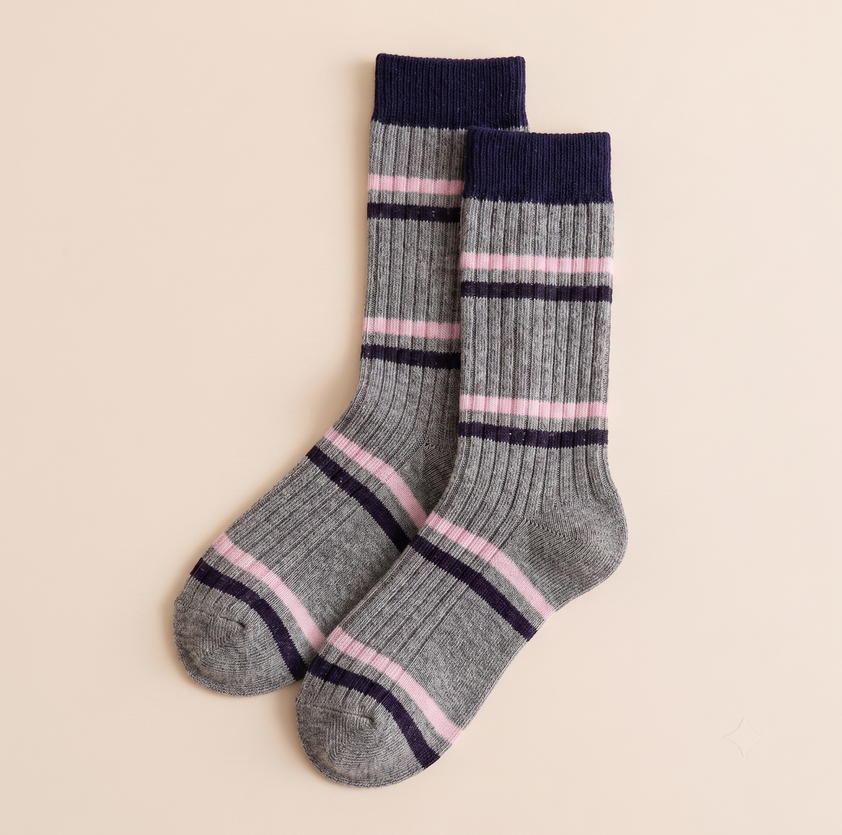 Women's tall boot socks in grey, featuring navy and pink stripe bands. Shown as a flat-lay pair on a neutral backdrop.