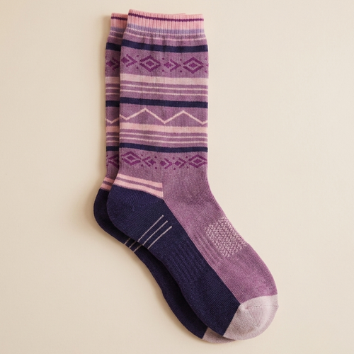 Wool boot socks in plum purple, featuring a Fair Isle knit with a cream toe. Displayed flat on a light surface.